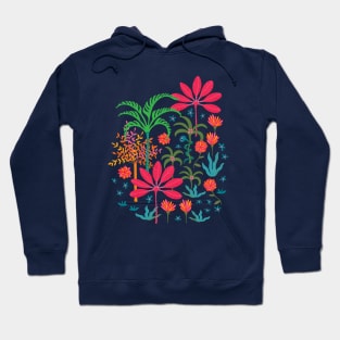 DREAM Bohemian Tropical Paradise Palm Trees Exotic Floral Botanical Plants with Cute Snake in Bright Red Green Blue Orange Yellow on Dark Blue - UnBlink Studio by Jackie Tahara Hoodie